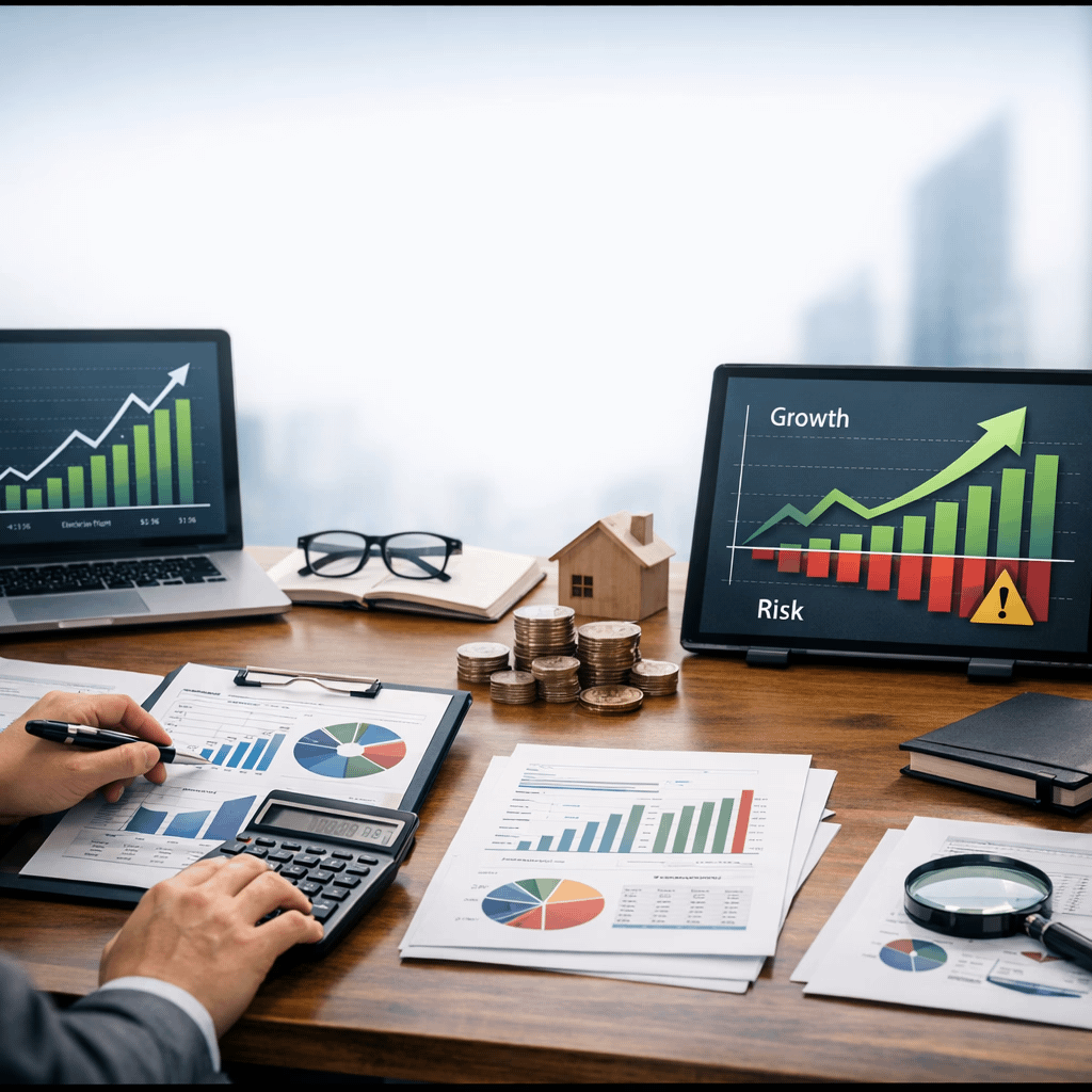 An office desk with financial charts, a calculator, and growth risk analysis on screens.