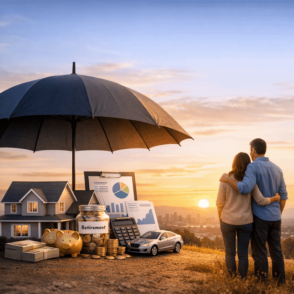 Couple embracing under an umbrella with financial symbols representing retirement planning.