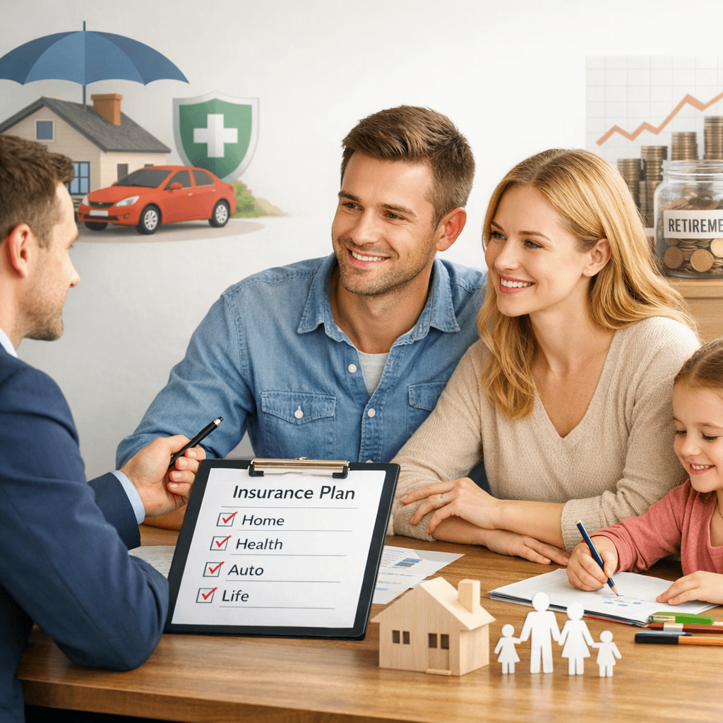 Family consulting an insurance agent about home, health, auto, and life plans at a desk.