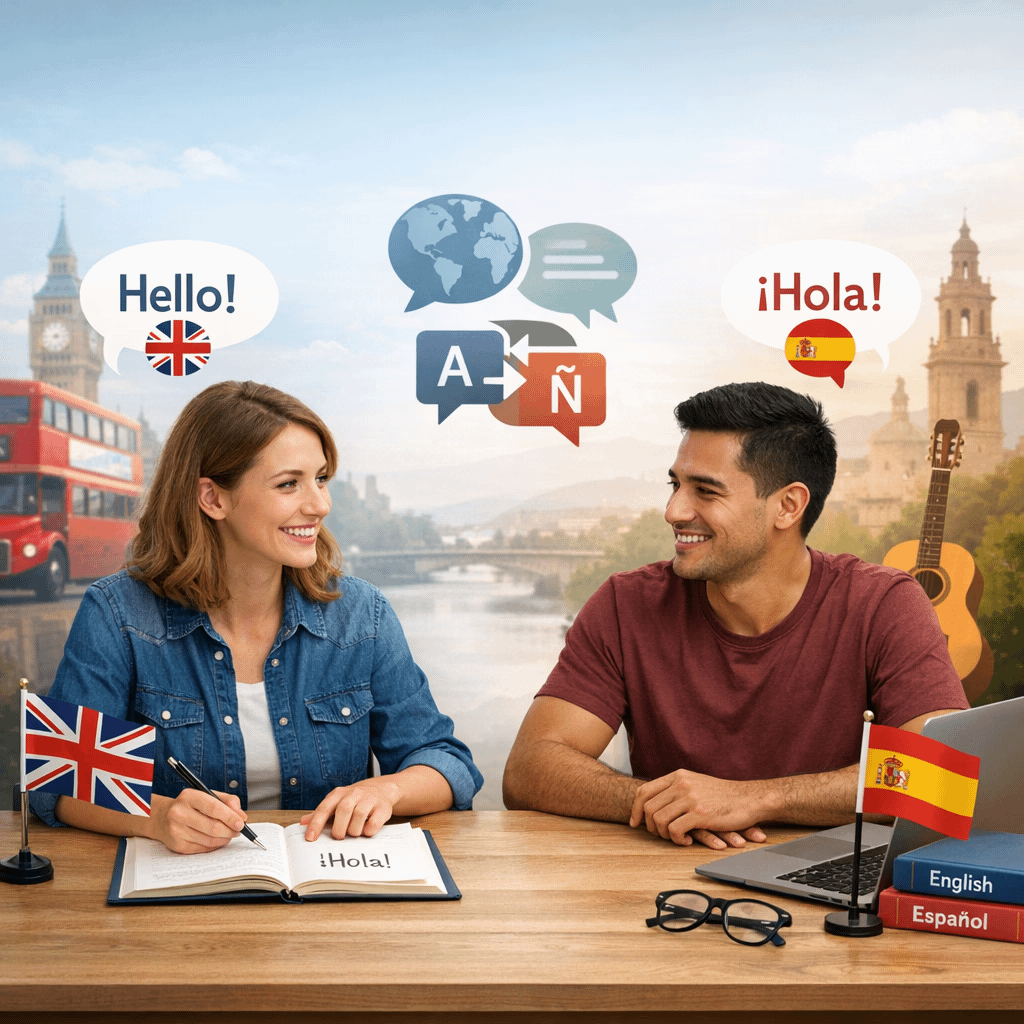 Two individuals learning languages with flags and speech bubbles in a scenic setting.