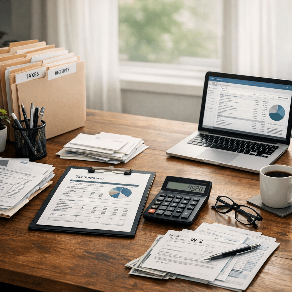 A workspace with tax documents, a calculator, a laptop, and office supplies, reflecting financial organization.